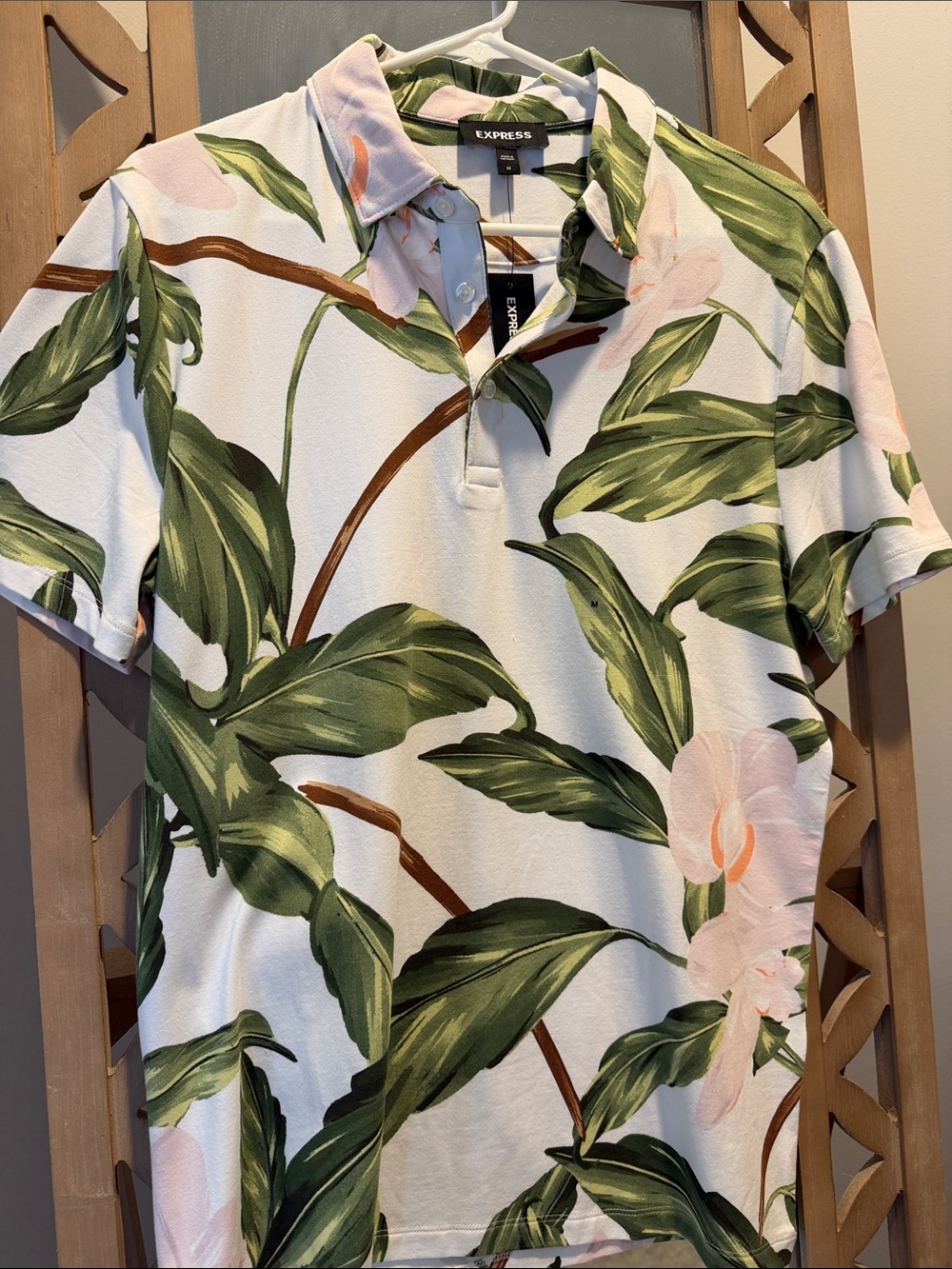 Express Men’s White Polo with Green Leaf & Pink Floral Print